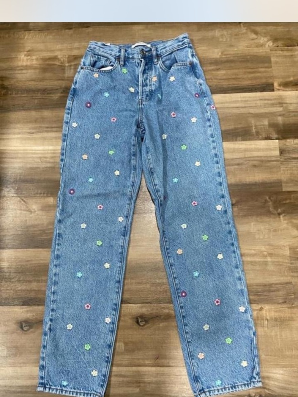 PacSun Light Blue Straight Leg Jeans with Multicolor Floral Embroidery